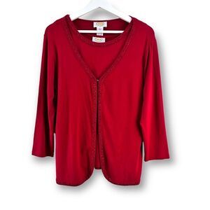 Talbots‎ Women's L 2-Piece Cardigan And Tank Set Bright Red Gem Crystal Accent